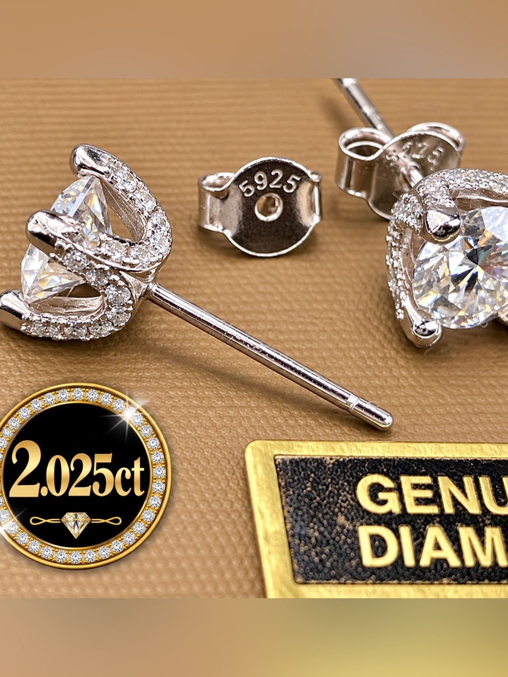 2.025CT Certifed Diamond Stud Earrings. 14k Plated white Gold on Silver 925